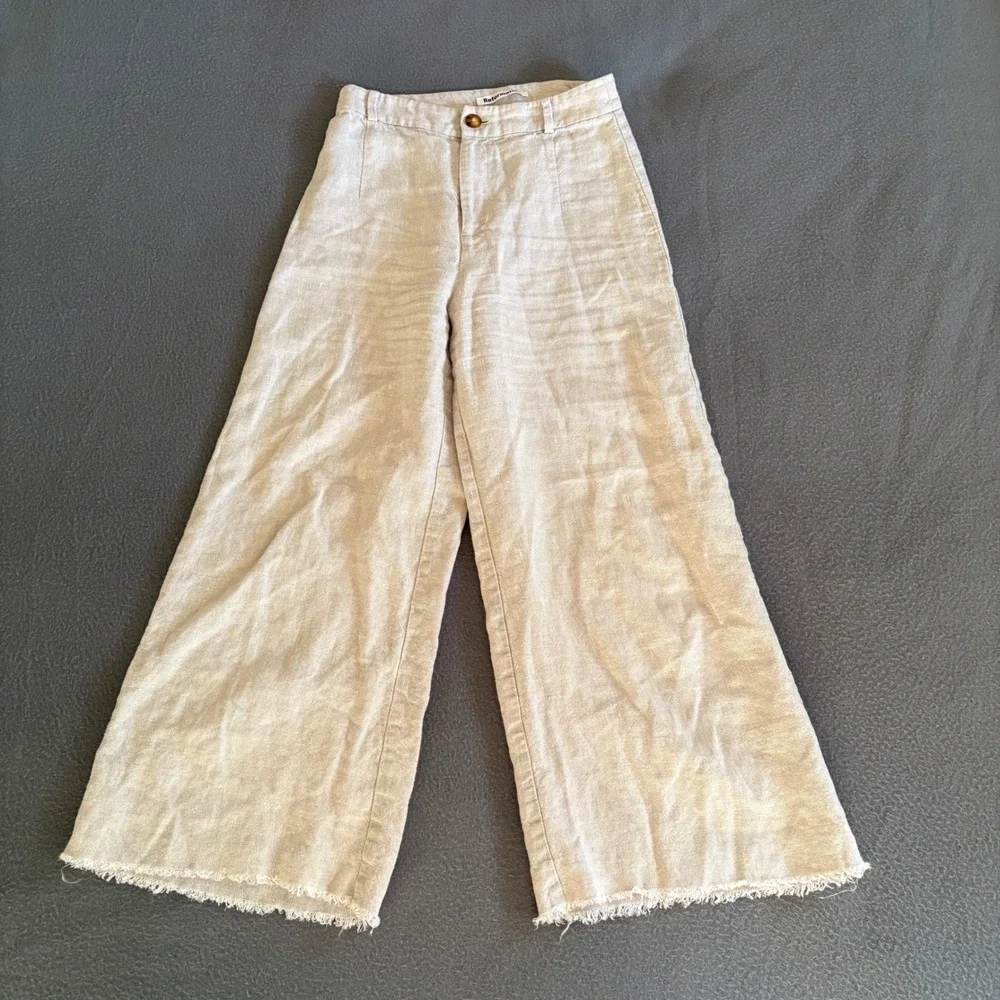 Reformation Wide Leg Pants Womens 0 Beige Linen High Rise Raw Hem Cropped Baggy